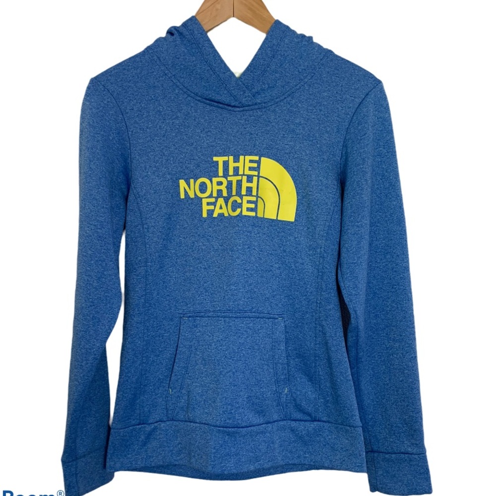 The North Face Heather Blue Yellow Logo Print Track Pullover Hoodie Ladies Sz SP